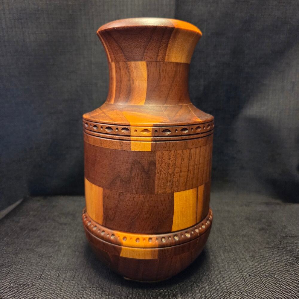 Vintage Signed Handcrafted Segmented Marquetry Inlay Wood Vase